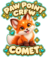 PAW POINT CREW above Comet with COMET below; transparent print design