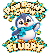 PAW POINT CREW above Flurry with FLURRY below; transparent print design
