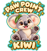 PAW POINT CREW above Kiwi with KIWI below; transparent print design
