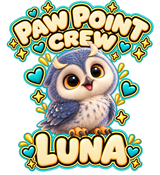 PAW POINT CREW above Luna with LUNA below; transparent print design