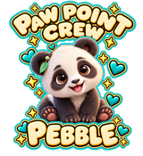 PAW POINT CREW above Pebble with PEBBLE below; transparent print design