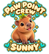 PAW POINT CREW above Sunny with SUNNY below; transparent print design