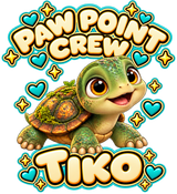 PAW POINT CREW above Tiko with TIKO below; transparent print design