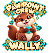 PAW POINT CREW above Wally with WALLY below; transparent print design