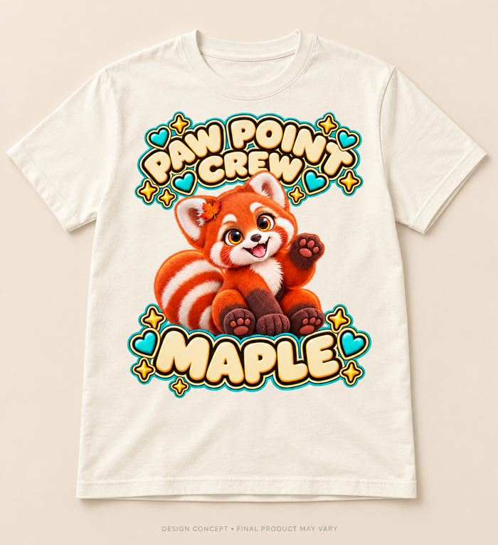 Design concept only: ivory T-shirt showing maple print. Final garment and print placement may vary.